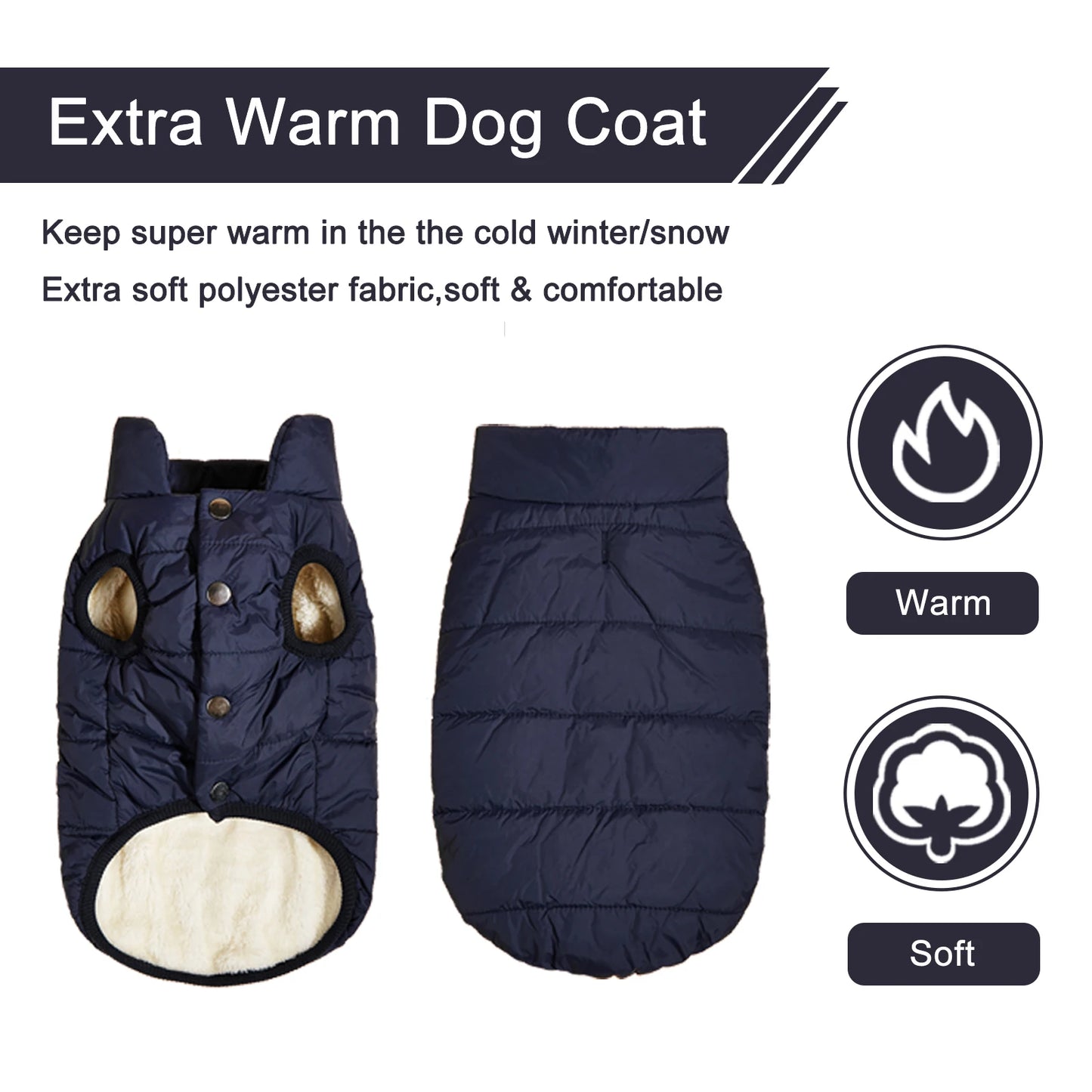 Manteau d'hiver pour chien, chaud et imperméable avec douillette doublure en coton polaire.